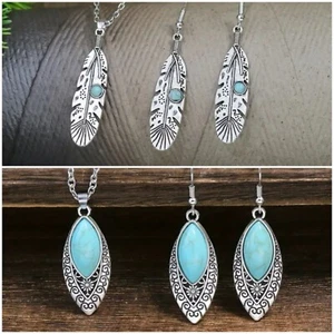 Set aus 2 Modeschmuck-Sets mit silberfarbenen künstlichen Türkis-Ohrringen und Halskette - Bild 1 von 9