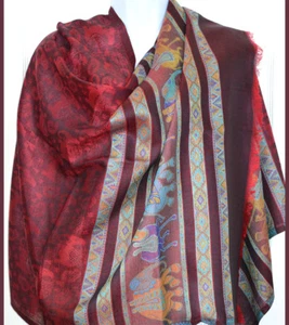 Chal de mezcla de seda Pashmina, estola, envoltura diseño elefante color rojo marrón India - Imagen 1 de 7