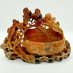Antique Carved Chinese Soapstone Etched Ink Well Vase Bookend Berries Leaves - Picture 1 of 11