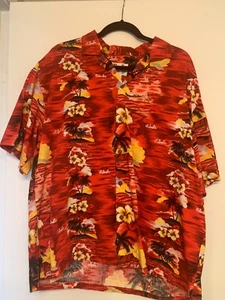 DJ Hawaii Mens XL Hawaiian Shirt Large Red Tropical Palm Hibiscus Cotton Button - Imagen 1 de 4