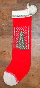 VINTAGE RED KNIT 35"  LONG Christmas Stocking, HOLLY & CHRISTMAS TREE - Picture 1 of 7
