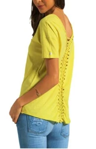 $50 RVCA Liquid Time Top Sz S, M NWT Lemon Yellow Knotted Back Pattern S/S Women - Picture 1 of 11