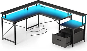 Computer Desk with File Drawer, 64" L Shaped Computer Corner Desk with Power Out - Picture 1 of 7