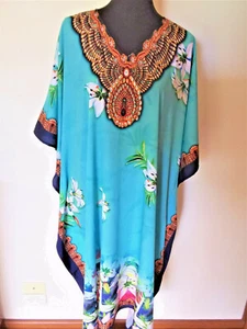 EMBELLISHED DIGITALTURQUOISE FLORAL PRINT V NECK CREPE KAFTAN/DRESS KC13 - Picture 1 of 3