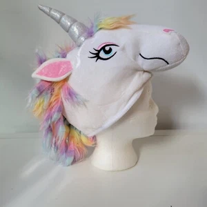 Furry Pink White Unicorn Costume Hat With Big Eyes Shiny Horn Rainbow Mane Med. - Picture 1 of 4