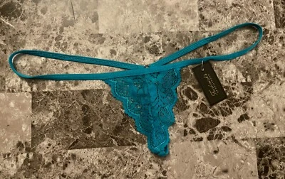 NUEVO CON ETIQUETAS BRAGAS TANGA FREDERICK'S OF HOLLYWOOD AZUL VERDE AZULADO ENCAJE MINI PEQUEÑA CUERDA G V Foto 1 de 2