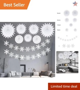 Snowflake Party Supplies - 9pcs Winter Wonderland Paper Fan Banner & Streamers - Picture 1 of 9