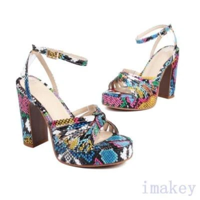 Sandalias para mujer con patrón de serpiente discoteca correa al tobillo tacón alto punta abierta informales talla Foto 1 de 4