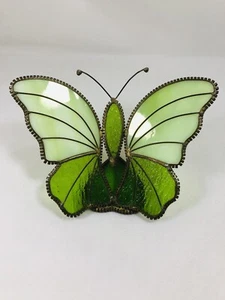 Vintage Buntglas Sonnenfänger Schmetterling Handarbeit grün herzförmiger Sockel - Bild 1 von 9
