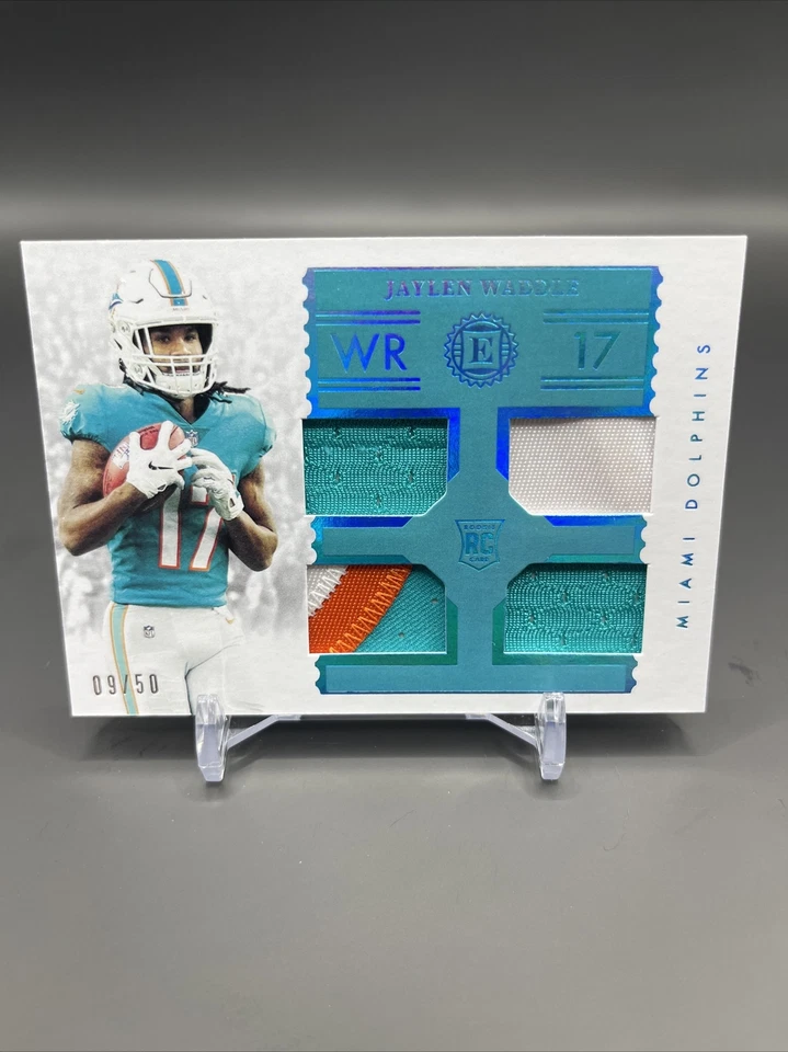 JAYLEN WADDLE 2021 Encased Rookie Quad Patch w/ 3 Color - /50 - Dolphins RC - Image 1 of 2
