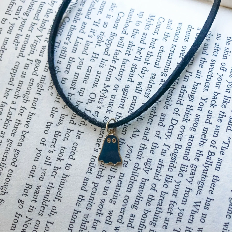 Grey Gray Ghost Charm Choker Black Faux Suede, Enamel Necklace 90s Retro Jewelry - Image 1 of 1