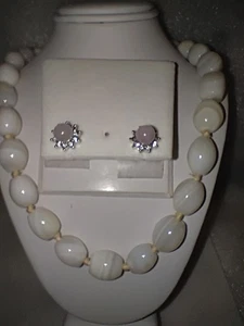 Antique Estate Shiny Translucent Knotted White Agate Necklace And Earrings - Picture 1 of 13