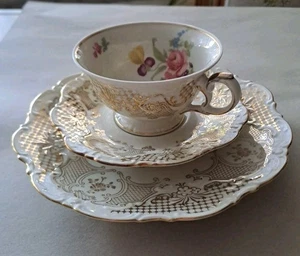 BAVARIA Vintage 3-tlg. Sammeltassengedeck GOLDVERZIERT Mitterteich bunte BLUMEN - Bild 1 von 6