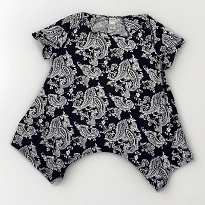 Camisa Bon Worth feminina tamanho XL 33,5 polegadas longa preta branca paisley manga curta - Imagem 1 de 4