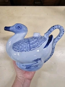 Vintage chinesische blau & weiß Glücksente Sake Wein Dekanter Teekanne Milchkännchen - Bild 1 von 3
