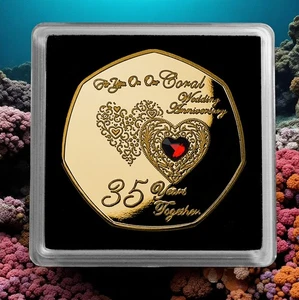 EN NUESTRO 35 ANIVERSARIO DE BODA CORAL MONEDA CONMEMORATIVA ORO 24ct. Gema. Estuche. - Imagen 1 de 14
