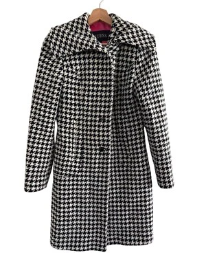 Guess Womens Houndstooth Wool Blend Coat Small Black & White - Image 1 of 4