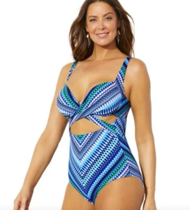 SWIMSUITS FOR ALL Plus Size 18 Cut Out Underwire Blue One Piece Blue Diagonal - Picture 1 of 8