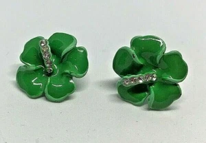 Vintage Ceramic Enamel Green Flower Rhinestone Diamante Earrings 1980' - Picture 1 of 3