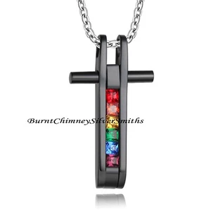 LGBT Acero Inoxidable Cruz Negro Arco Iris Gemas Cuadradas Grabado Opcional - Imagen 1 de 7