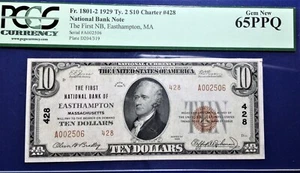 1929 $10 National Bank Note Fr-1801 Ty.2 CH#428 Easthampton, MA PCGS65 Gem PPQ - Picture 1 of 4