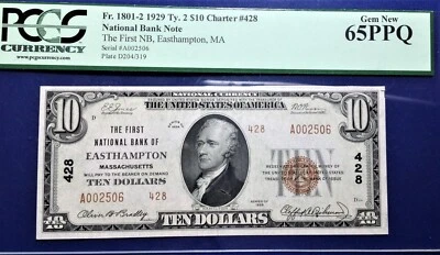 1929 $10 National Bank Note Fr-1801 Ty.2 CH#428 Easthampton, MA PCGS65PPQ Gem - Image 1 of 4