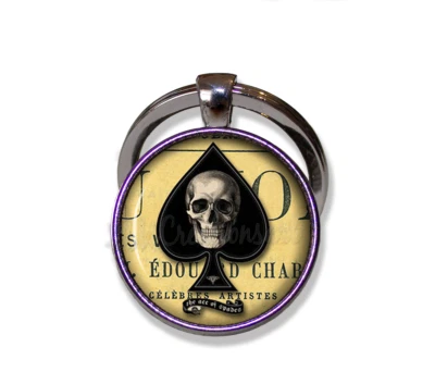 Black Ace of Spade Skeleton Gothic Handmad ROUND Glass Pendant Keychain KEY RING - Image 1 of 3