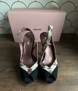 Miu Miu Vintage Black Suede Moc Croc Glam Rock Peep Toes Shoes Sandals - Picture 1 of 8