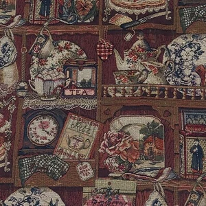 Tapestry Fabric Woven Upholstery Tea Time Teacups Tea Room 54" X 3 ⅓ Yards VTG - Picture 1 of 5