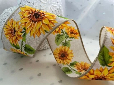 Eleganza SUNFLOWER Autumn Sun Flower on natural - Luxury Wire Edge Ribbon 63mm - Image 1 of 3