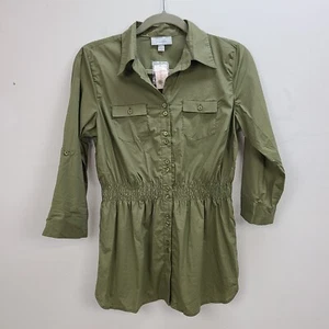 Dress Barn Top Women Small Green Button Elastic Waist Long Sleeve Thin Cotton - Imagen 1 de 12