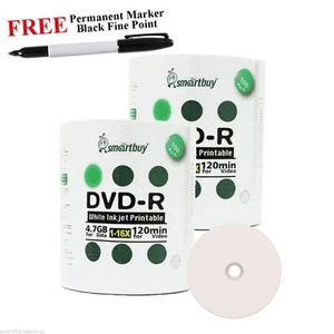 200 Smartbuy DVD-R 16X 4.7GB White Inkjet Printable Disc + Black Fine Marker - Picture 1 of 3