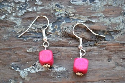 Hot Pink  Wooden Cube Bead Drop Earrings Pierced Handmade - Image 1 of 4