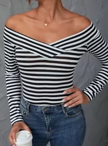 Size XXL US Size 14 Striped Off Shoulder Long Sleeve Slim Fit Top New - Picture 1 of 2