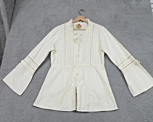 Boho Bauernhemd Damen Medium elfenbein bestickt Rüschen Bindeband Taille Glockenärmel - Bild 1 von 17
