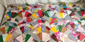 Lot-95 Quilt Blocks Machine-Sewn Fan-Shape 7"x3" Vintage 1950s-1970s Fabrics - Picture 1 of 20