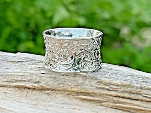 High-Quality Abstract Designs Thick Silver Steel Ring - Size 8.5 - Picture 1 of 4
