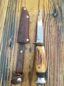 VINTAGE IDEAL PRODUCTS INC. SOLINGEN GERMANY STAG HUNTING KNIFE W/ SHEATH 8" - Picture 1 of 9