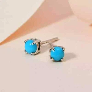 Round Sleeping Beauty Turquoise Gemstone Stud Earrings in 925 Sterling Silver - Picture 1 of 3