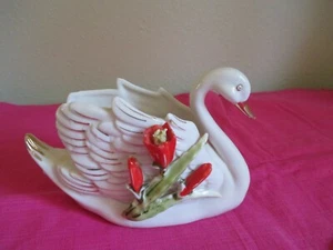 VINTAGE Ceramic Swan with floral gold trim SWAN PLANTER - Picture 1 of 5