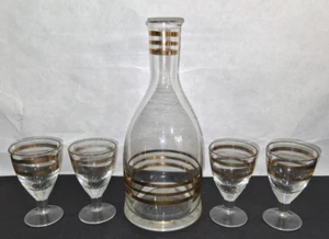 Vintage Crystal Decanter Cordial Liquor Glasses Gold Striped Hand Blown USSR - Picture 1 of 6