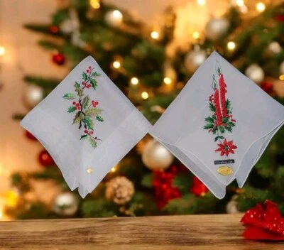 Vintage Ladies Hankerchiefs Christmas Embroidered Lot Of 2 Holiday Traditions  - Image 1 of 4
