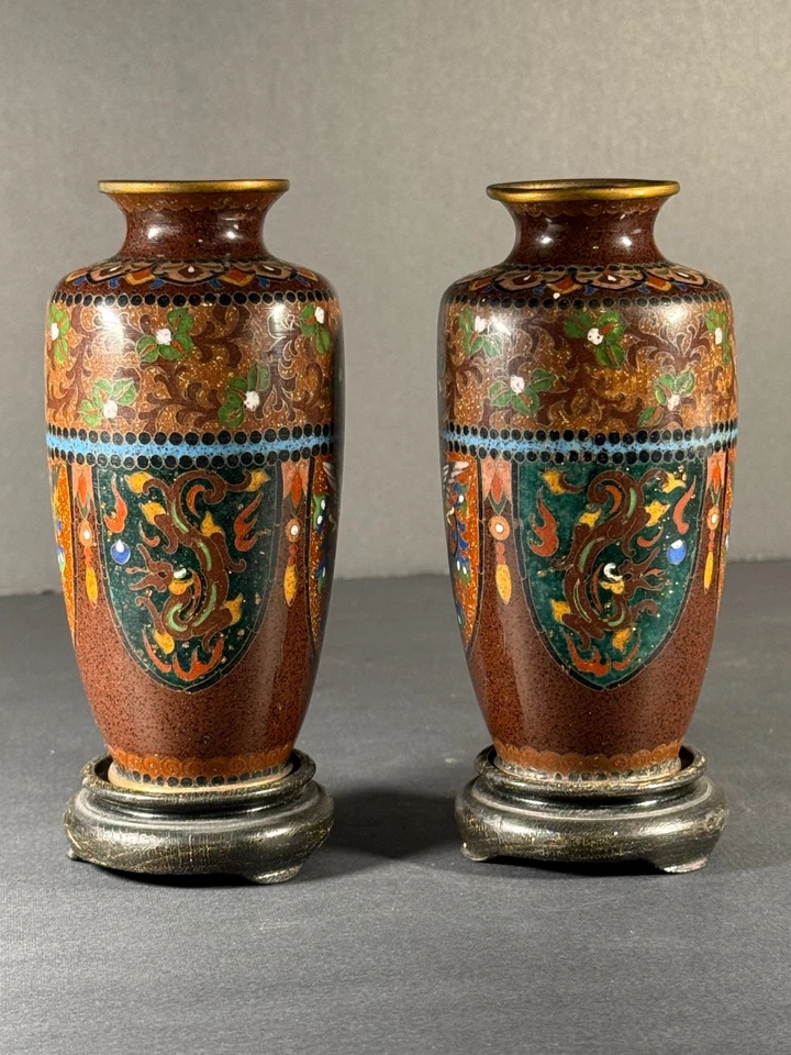 Pair Japanese Meiji Cloisonné Ando Vases c.1900 Birds & Flowers on Wood Bases - Image 1 of 4