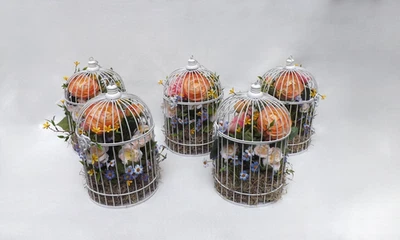 Wedding / Bridal Shower Silk Flower Hanging Bird Cages Displays - Set of 5 - Image 1 of 4