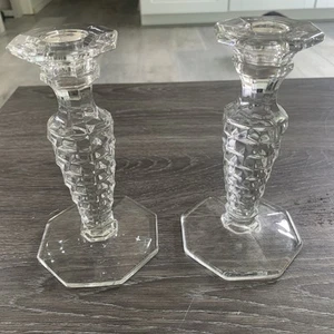 Vtg Elegant Glass Fostoria AMERICAN Pattern Octagonal Base 6” Candlestick Pair - Picture 1 of 3