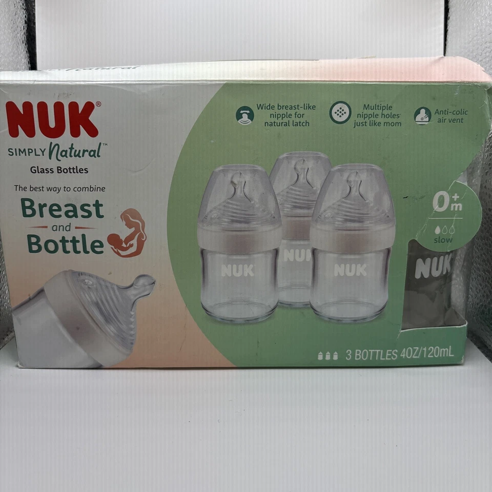 Biberones de vidrio NUK Simply Natural 4 oz 3ct pecho y biberón 0+m flujo lento Foto 1 de 4