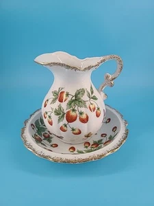 Juego de jarra y lavabo fresas mariposas oro blanco de colección - Imagen 1 de 9
