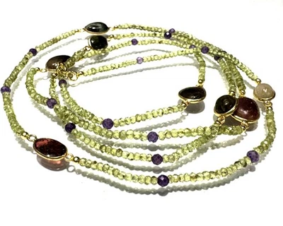 Peridot Amethyst Tourmaline Multi Beaded 925 Silver Gold Plated Chain Necklace - Image 1 of 4