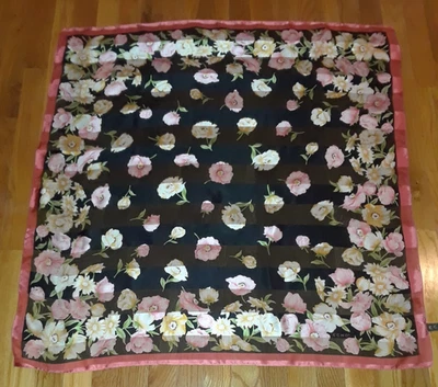 Bufanda cuadrada ECHO negra salmón rosa amarillo floral transparente 100 % seda 34" Foto 1 de 4