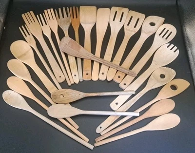 Lot 24 Vtg And Mix Wood Kitchen Utensils Spoons Forks Farmhouse Rustic Bamboo - Image 1 of 4